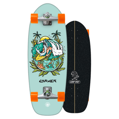 Carver Mini Shark Shredder, deck menta con ave tropical y palmeras
