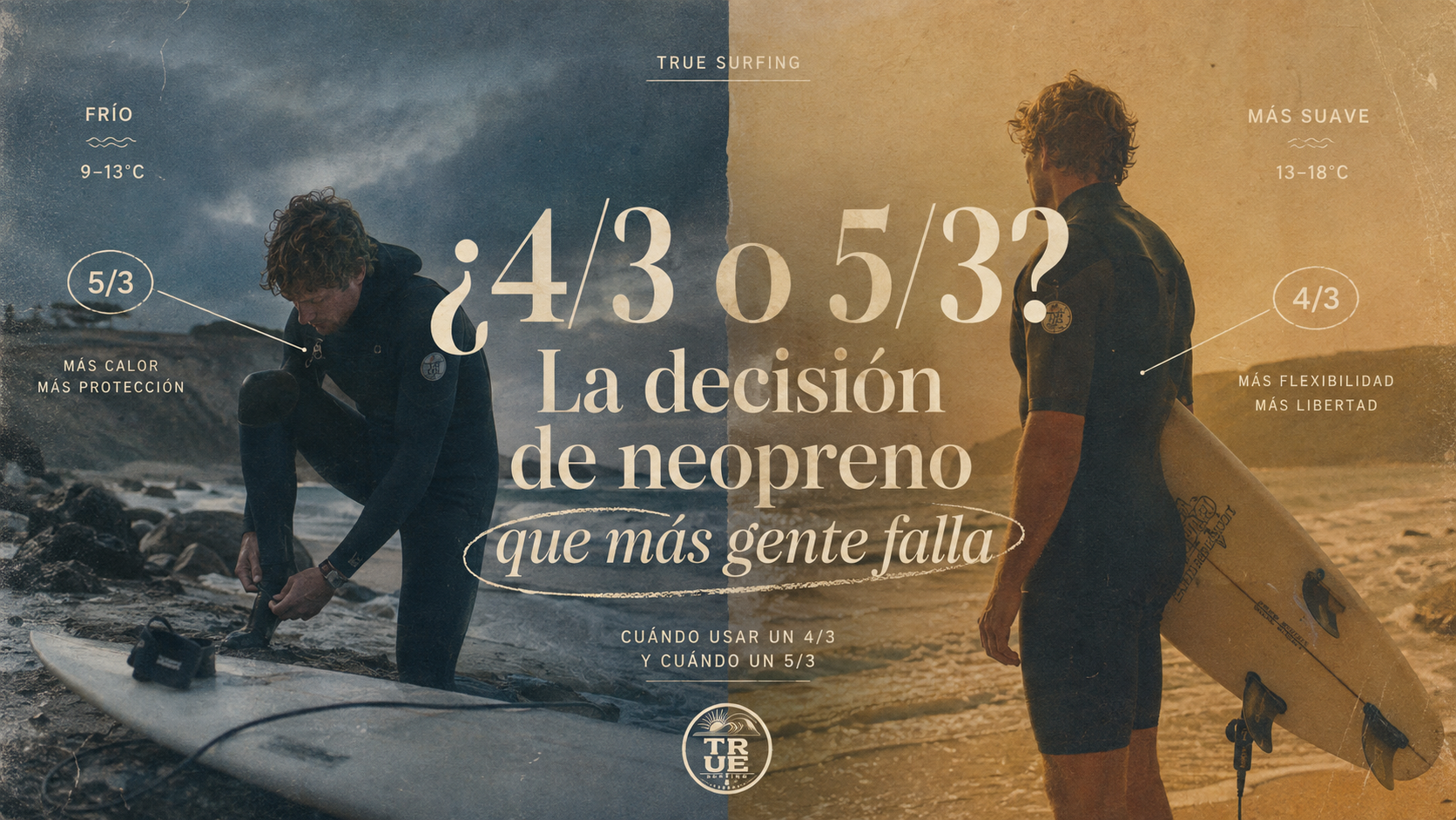 Comparativa visual 4/3 o 5/3 para elegir neopreno segun temperatura del agua