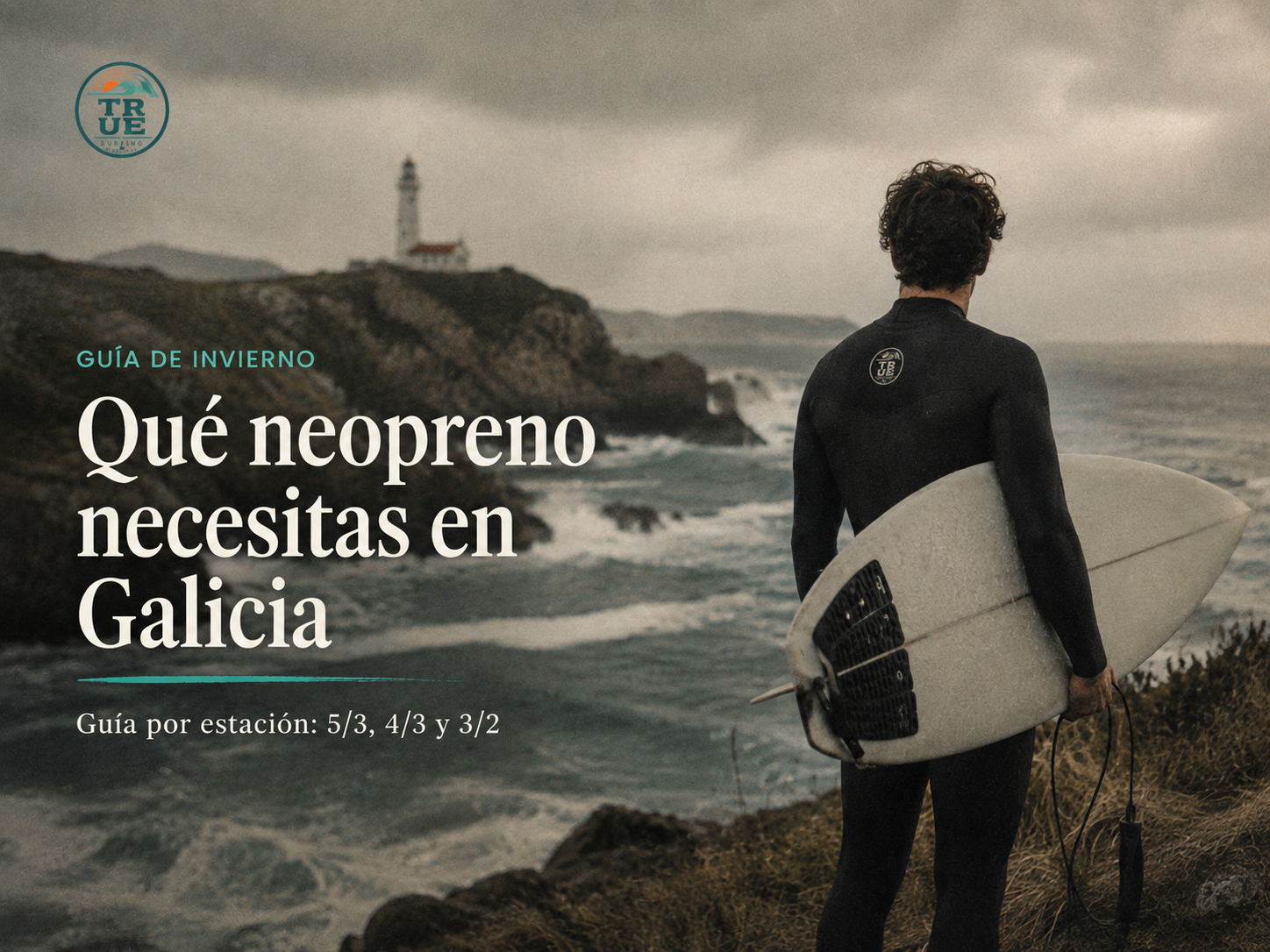 Surfista con neopreno frente a la costa gallega para guia de neopreno en Galicia
